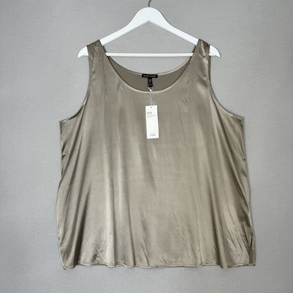 Eileen Fisher Silk Georgette Crepe Scoop Tank Womens 1X Dove Charmeuse Top Cami